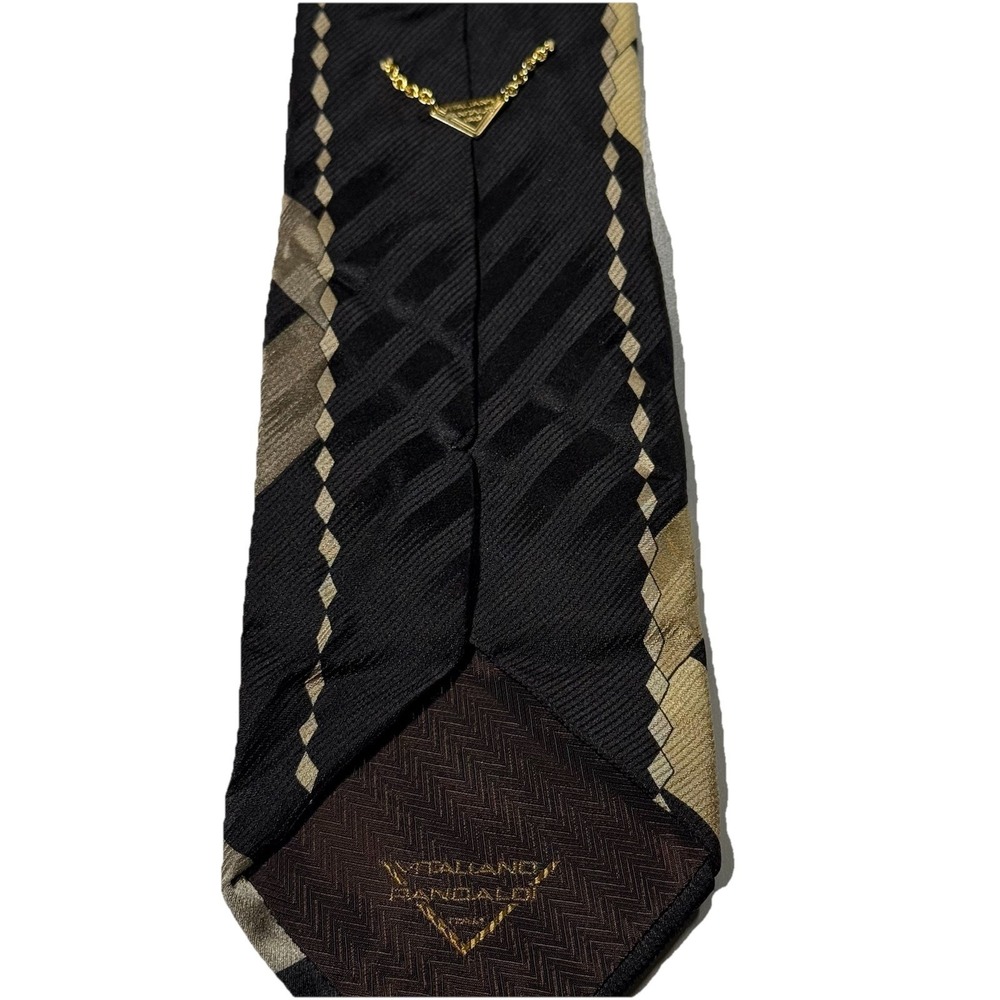 Vitaliano Pancaldi Silk Necktie Geometric Black Gold Grey Diagonal Stripe Giove